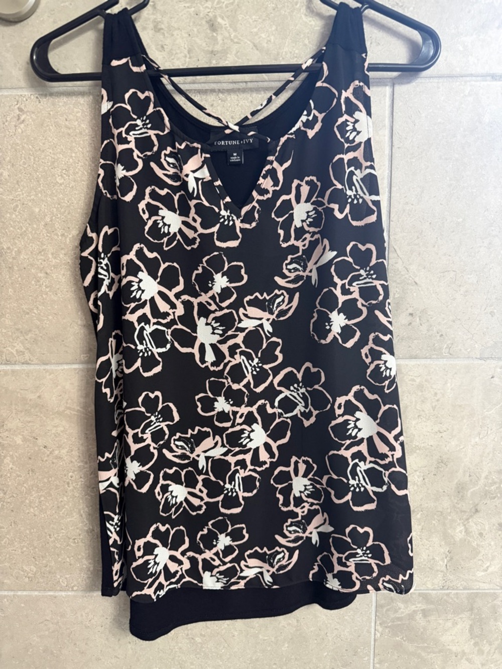 Fortune & Ivy Black Floral V-Neck Sleeveless Camisole - Pink & White Print